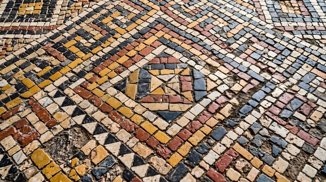 Ancient Roman mosaic floor with geometric patterns. Antique stone tile texture in earthy tones. Traditional Mediterranean archaeological site flooring.