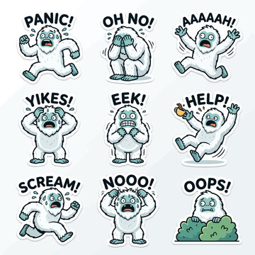 A collection of cartoon stickers depicting a scared yeti or bigfoot character reacting with various exclamations of panic, fear, and surprise.