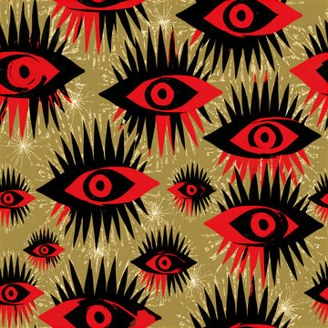 Funky black red gold seamless pattern with bold eye motifs