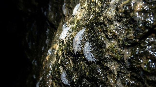 Translucent cave amphipods crawling on a damp rock wall