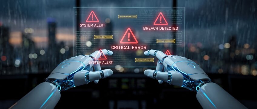 Advanced robotic hands engaging with a digital display showcasing alerts and malfunctions within a cutting edge environment illuminated by night