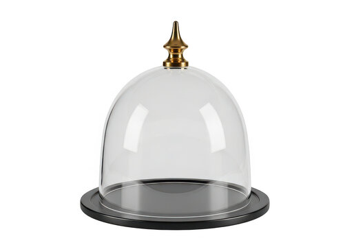 Glass dome with golden finial rests on a gray base on transparent background
