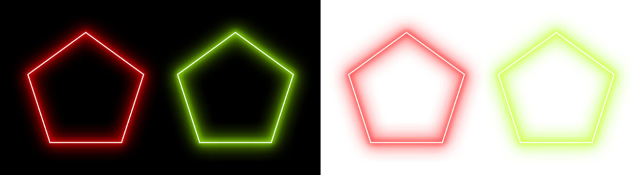Neon pentagon frames in red and green glowing light, geometric shapes with vibrant aura effect for modern digital design isolated on transparent background