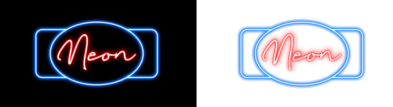 Neon sign with the word neon in script font, glowing red text inside a blue oval and rectangular frame, vector illustration on black and transparent backgrounds