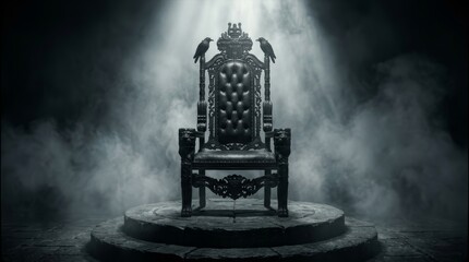 Fototapeta premium An ornate black throne sits on a circular pedestal in a dark, misty environment.