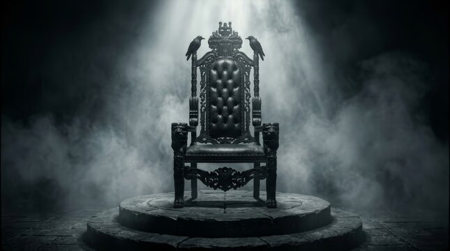 An ornate black throne sits on a circular pedestal in a dark, misty environment.