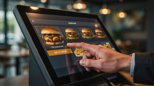 A business person uses a digital self service kiosk to order a cheeseburger meal in a restaurant setting with touches touchscreen kiosk burger digital