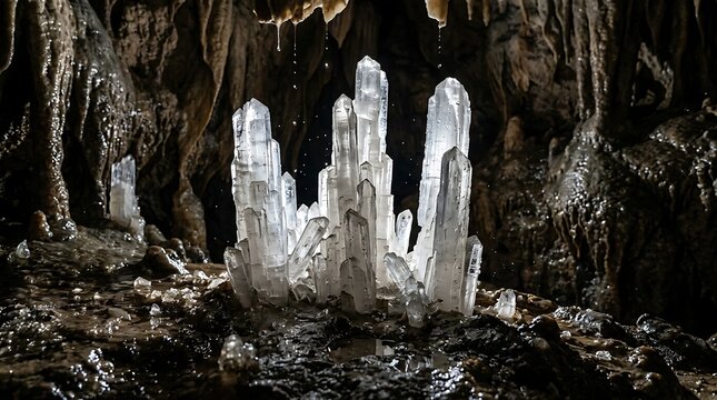 Luminous white crystal cluster growing in a dark underground cave