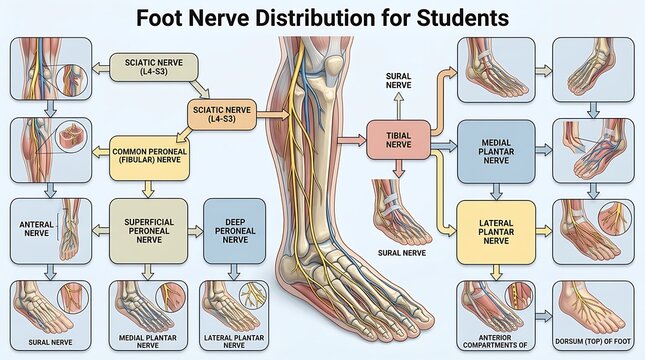 Human foot nerve distribution anatomical infographic diagram