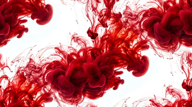 Red ink drop spreading in water, abstract liquid swirl background on white.