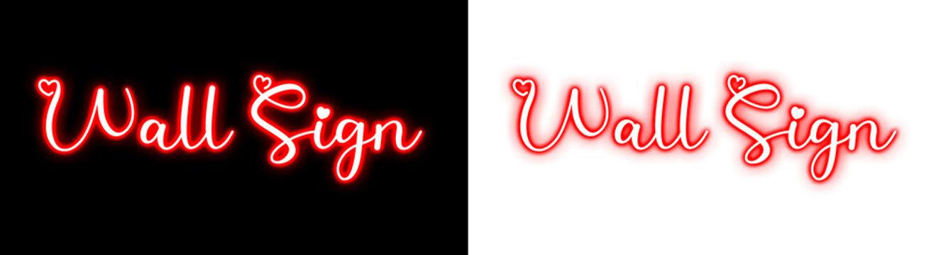 Wall sign neon text with heart icons, glowing red script font, romantic decor, decorative wall art element, isolated on transparent background