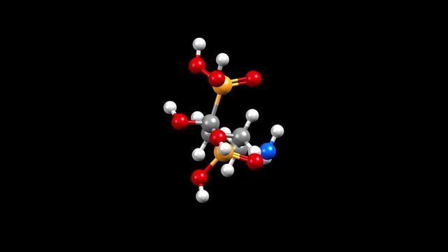 Structure of alendronic acid, a medicine for osteoporosis. Animated 3D ball-and-stick and spacefill models, black background.