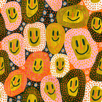 Colorful smiley face seamless pattern design with cheerful elements