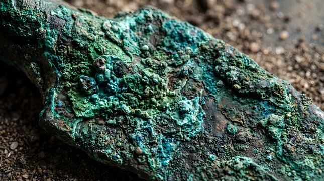 Ancient oxidized bronze artifact with green patina. Weathered archaeological metal relic. Verdigris texture on aged copper object.