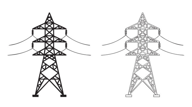 power distribution tower silhouette with outline art vector icon design