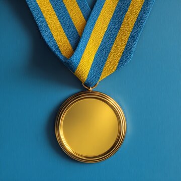 Gold medal with blue and yellow ribbon on blue background, award and achievement concept.