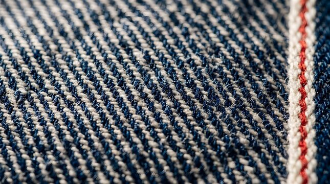 Selvedge denim fabric texture, raw indigo blue jeans material with red stitch detail, premium textile background for fashion design