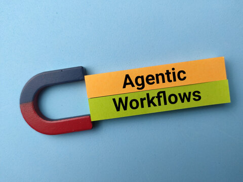 A magnet holds yellow and green paper strips labeled Agentic Workflows against a light blue background