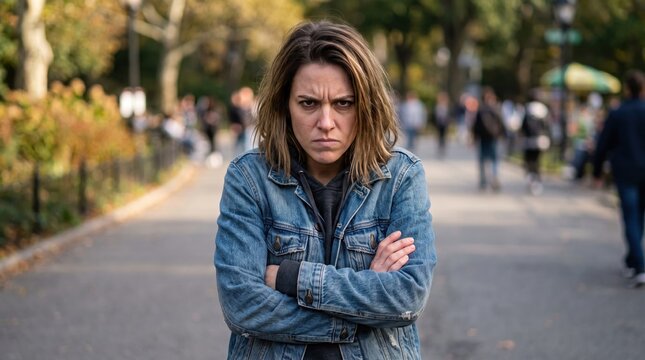 Angry Young Woman With Crossed Arms Standing Alone In A Crowded City Park During An Autumn Day Feeling Frustrated And Annoyed