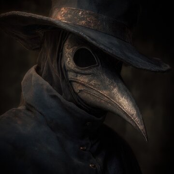 Mysterious Plague Doctor in Dark Gothic Attire Featuring a Creepy Vintage Bird Mask and Traditional Historical Medical Robe