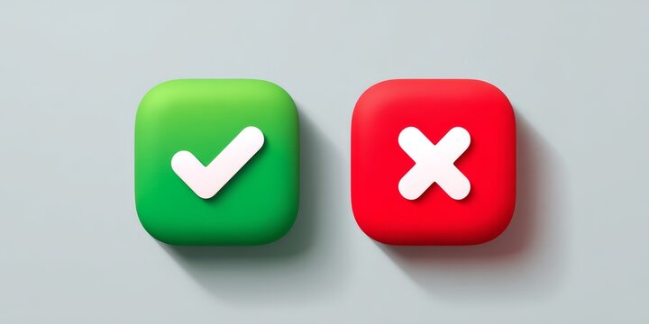 3D green checkmark and red cross buttons, yes no choice and decision confirmation concept.