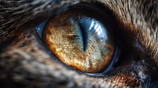 Extreme Close-up Macro Photography of a Domestic Cat Golden Eye with Detailed Texture and Intense Vertical Pupil Focus