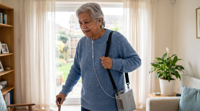 Senior woman oxygen concentrator chronic obstructive pulmonary disease at home with nasal cannula walking cane calm support near window