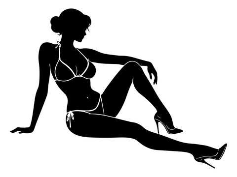 Reclining Pin-Up Woman in Bikini Silhouette, Glamorous Beach Model Vector
