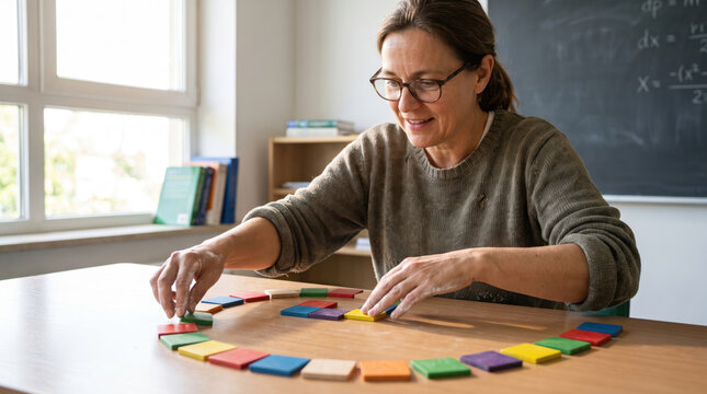 Teacher classroom geometry color tile fibonacci sequence woman board math educator arranging colorful tile fibonacci sequence pattern desk near chalkboard with calm focus during geometry lesson