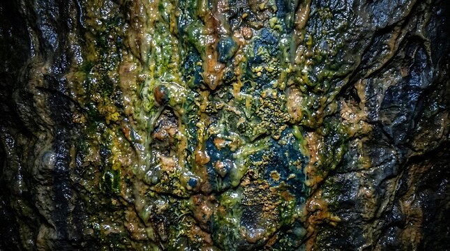 Slimy wet moss and algae covering a dark stone cave wall