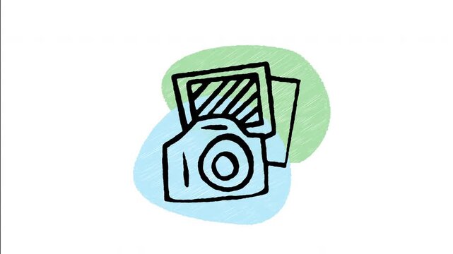 An animated hand drawn DSLR camera with a stack of photo prints behind it. Perfect for photo gallery, image storage album, portfolio, and photography.