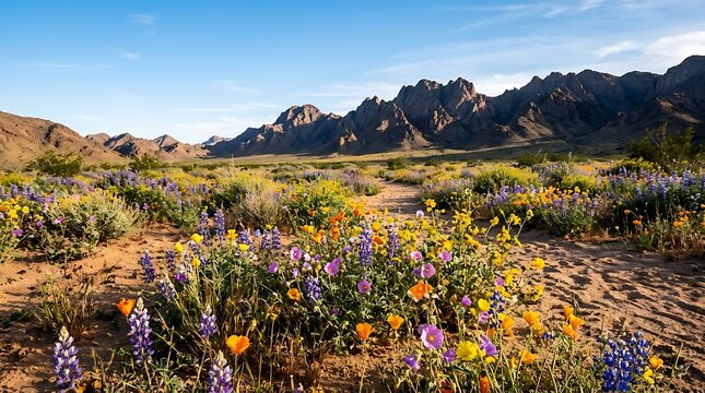 Desert wildflowers bloom under rugged mountains in spring sunlight