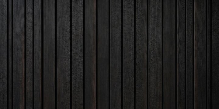 black charred wood texture background, shou sugi ban vertical timber planks, dark burnt wooden wall panel pattern for luxury interior design and modern architecture mockups.

