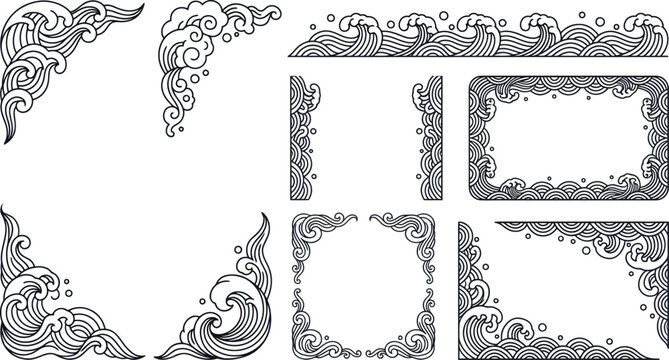 Japanese wave border and corner vector elements for traditional design layouts