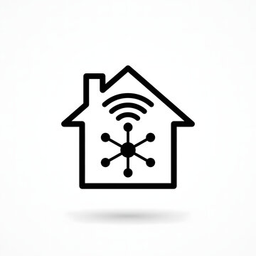 Smart house icon featuring wireless internet connection signal and central network hub symbol on white background