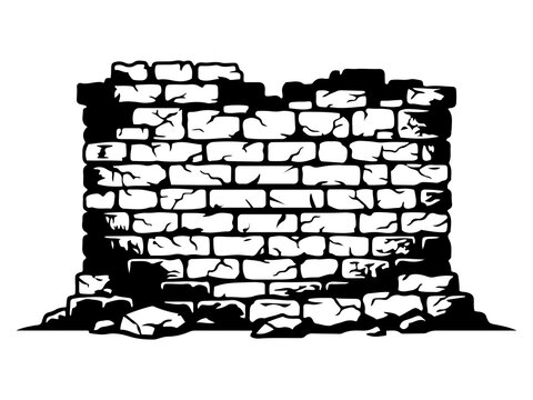 Weathered Brick Wall Vector, Crumbling Old Masonry Ruin Graphic