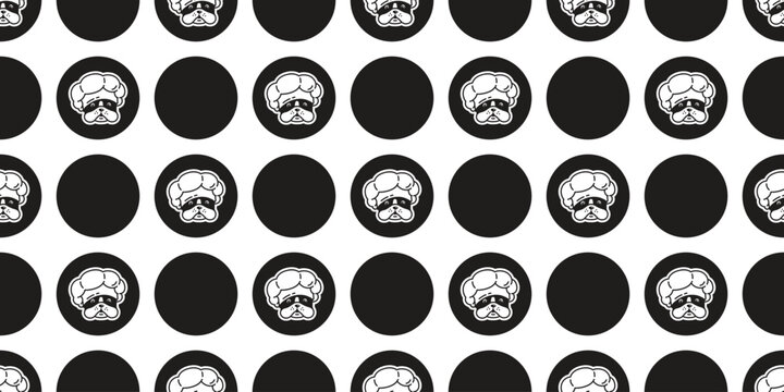 french bulldog seamless pattern dog chef polka dot bakery kitchen food cooking hat icon puppy vector pet cartoon face head gift wrapping paper repeat wallpaper tile background doodle illustration tabl