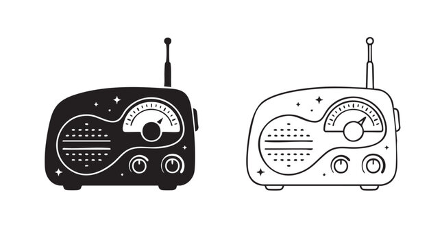 retro transistor radio unit silhouette with outline art vector icon design