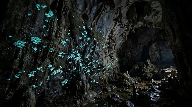 Bioluminescent blue mushrooms glowing on dark cave walls