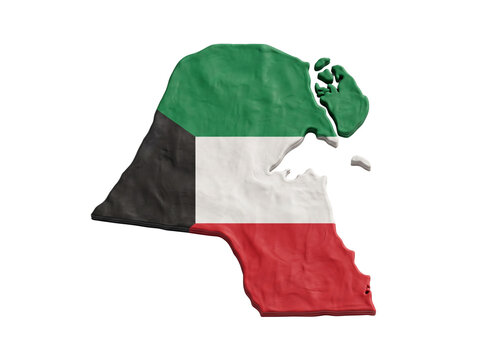Kuwait map silhouette textured with national flag clay model.