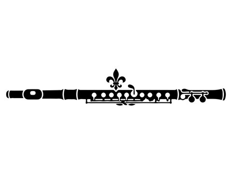 Classical Flute Vector, Orchestral Woodwind Instrument with Fleur-de-lis Graphic