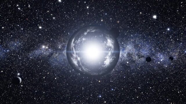 Celestial bodies orbiting a bright star in a vast cosmic expanse during a slow zoom out