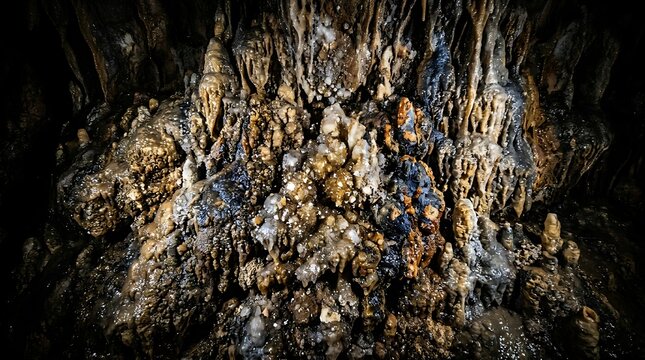 Detailed stalactite and mineral formations inside a dark cave
