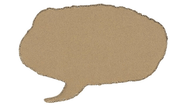 Blank cardboard speech bubble cutout with rough torn edges isolated on a pure white background for mockups