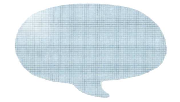 A blank speech bubble cut out from blue grid paper with torn edges isolated on a white background for text overlay