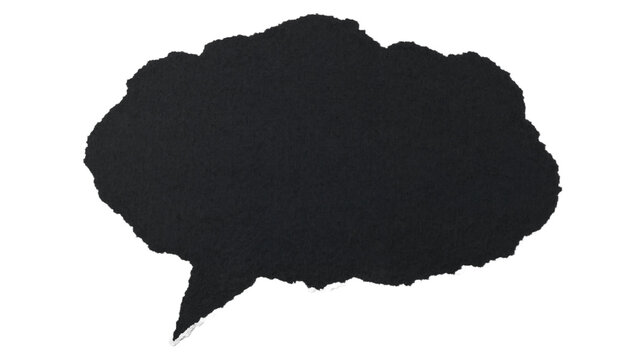 Black torn paper speech bubble cutout isolated on white background with rough edges for design concepts