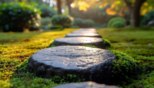 Moss covered stepping stone on a sunlit Japanese garden path