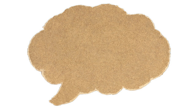 Blank cardboard speech bubble shaped like a brain with a torn paper edge isolated on a pure white background