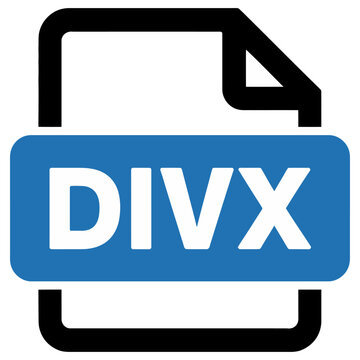 Simple flat vector icon showing a file document with the text DIVX inside a blue rounded box
