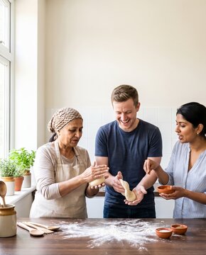 Cooking class where people from different cultures share their recipes